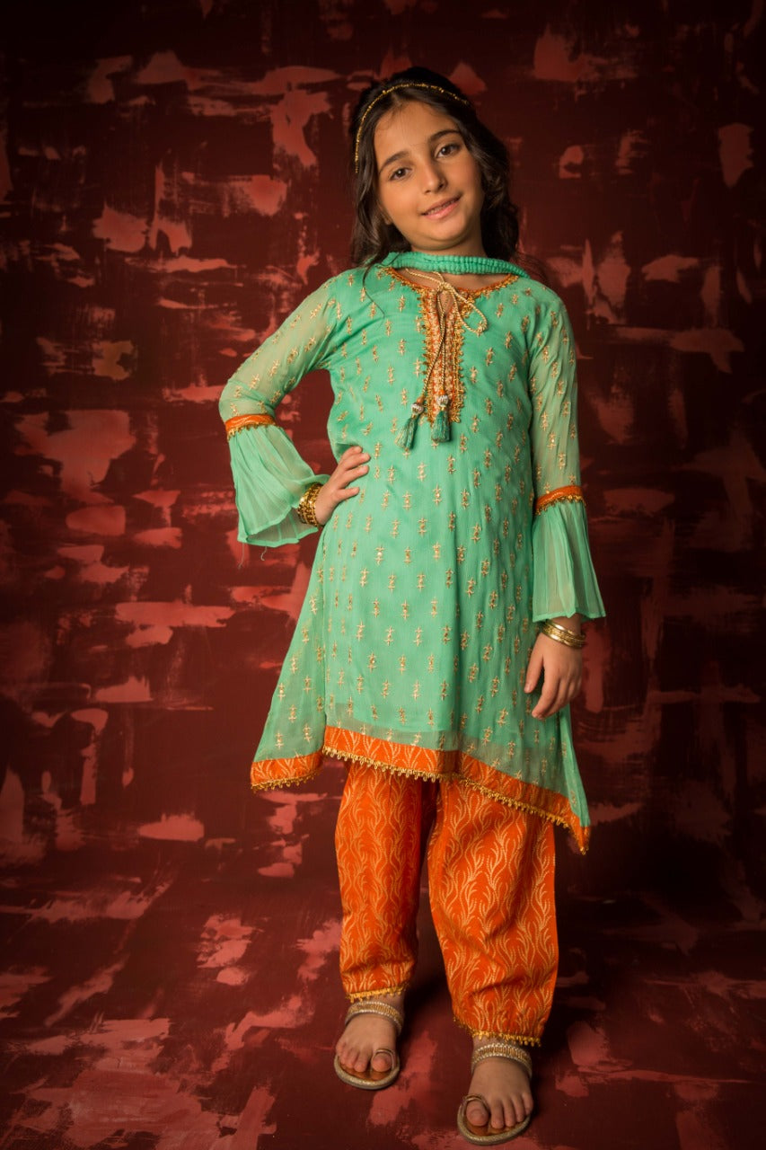 KDD-01317 | Sea Green & Orange | Formal 3 Piece Suit | Polyester Crinkle