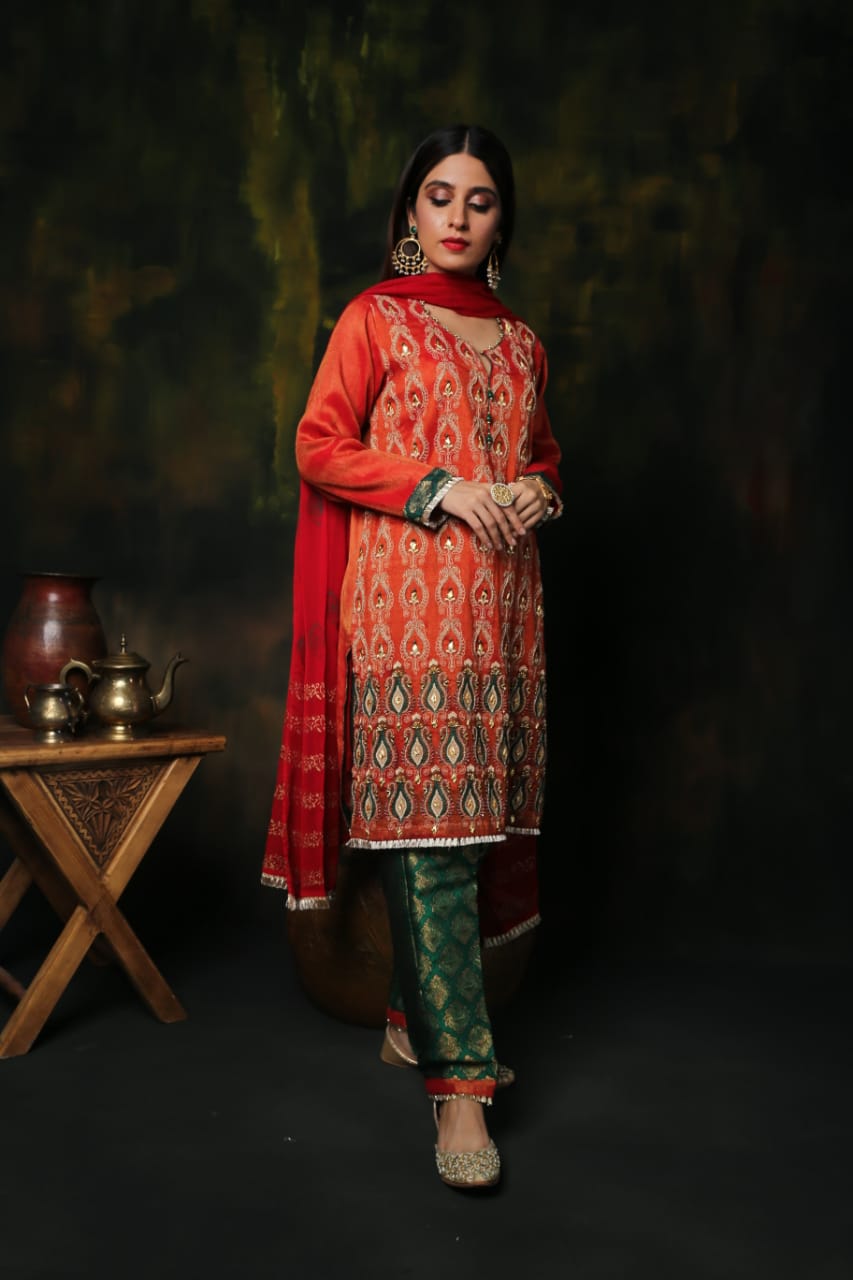 LDD-01161 | Orange & Green | Formal 3 Piece Suit | Banarsi Khaddi Net