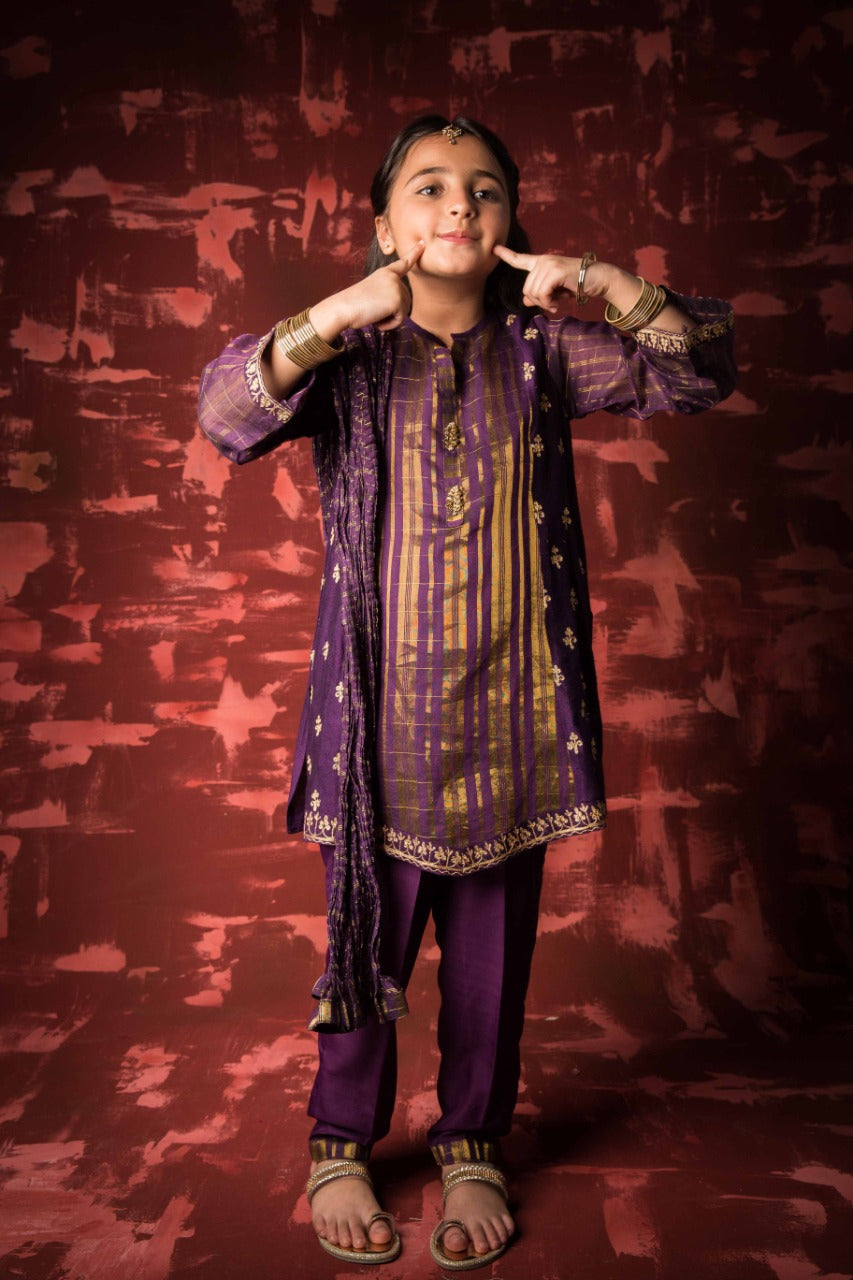 KDD-01319 | Purple | Formal 3 Piece Suit | Banarsi Khaddi Net
