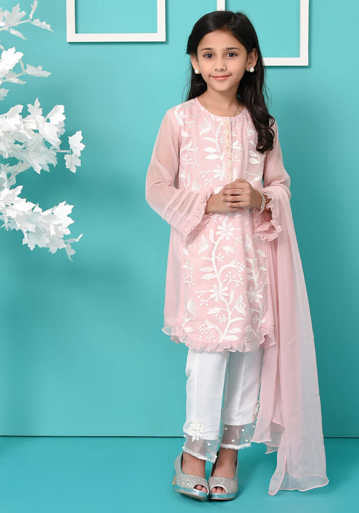 Tea Pink Chiffon Top with Embroidery - 3PC Suit