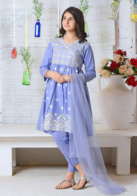 Blue Cotton Top with Embroidery - 3PC Suit