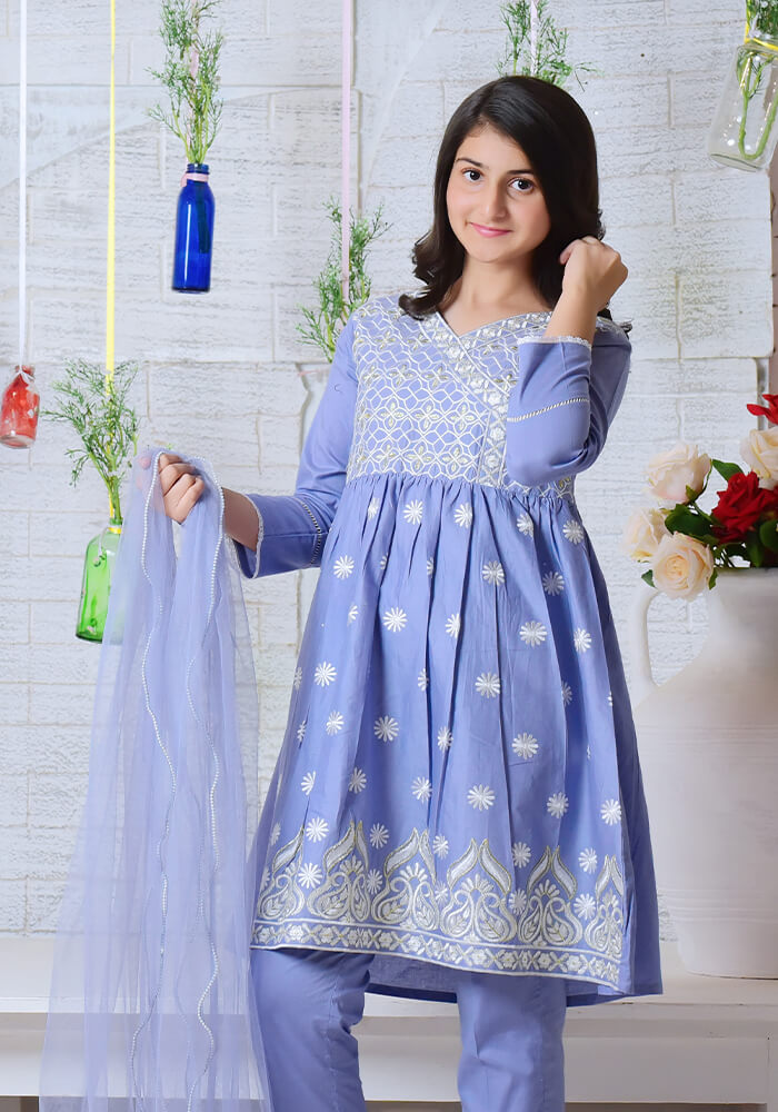 Blue Cotton Top with Embroidery - 3PC Suit