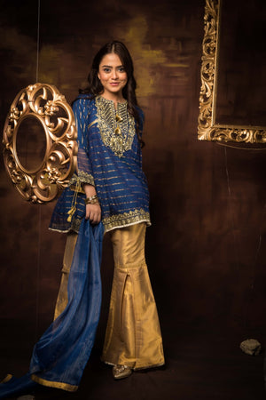 GDD-01414 | Blue | Formal 3 Piece Suit | Banarsi Khaddi Net