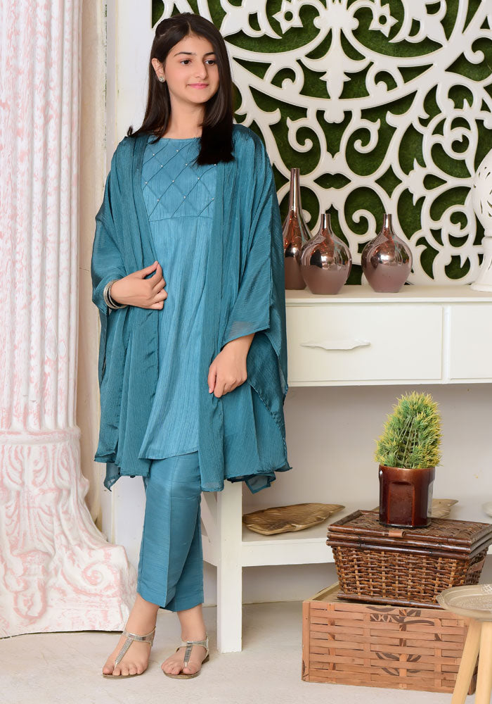 Teal Blue Chiffon Top with Trouser - 3PC Suit