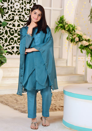Teal Blue Chiffon Top with Trouser - 3PC Suit