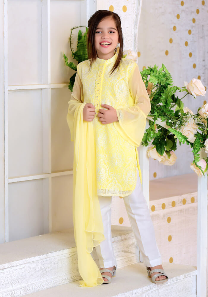OFW 229 - Lemon Yellow Chiffon with Embroidery - 3PC Suit