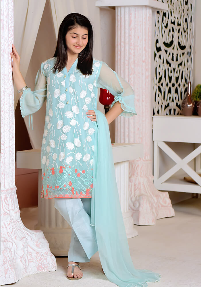 OFW 230 - Mint Chiffon Fully Embroidered - 3PC Suit