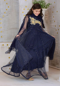 Navy Blue Gold Foil Net with Applique Embroidered
